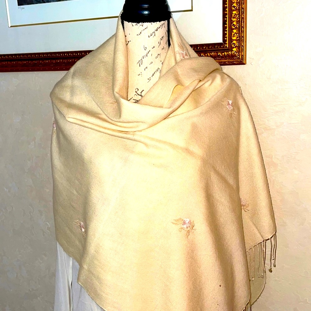 Cashmere cream vintage shawl 73” by 28” embroidered light pink roses dry cleaned